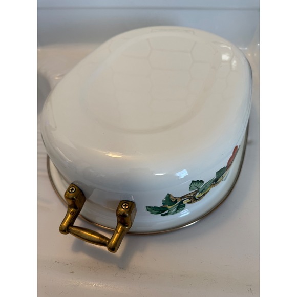 Vintage Fruit Motif Enamelware Roasting Pan with Lid and Rack Brass Handles